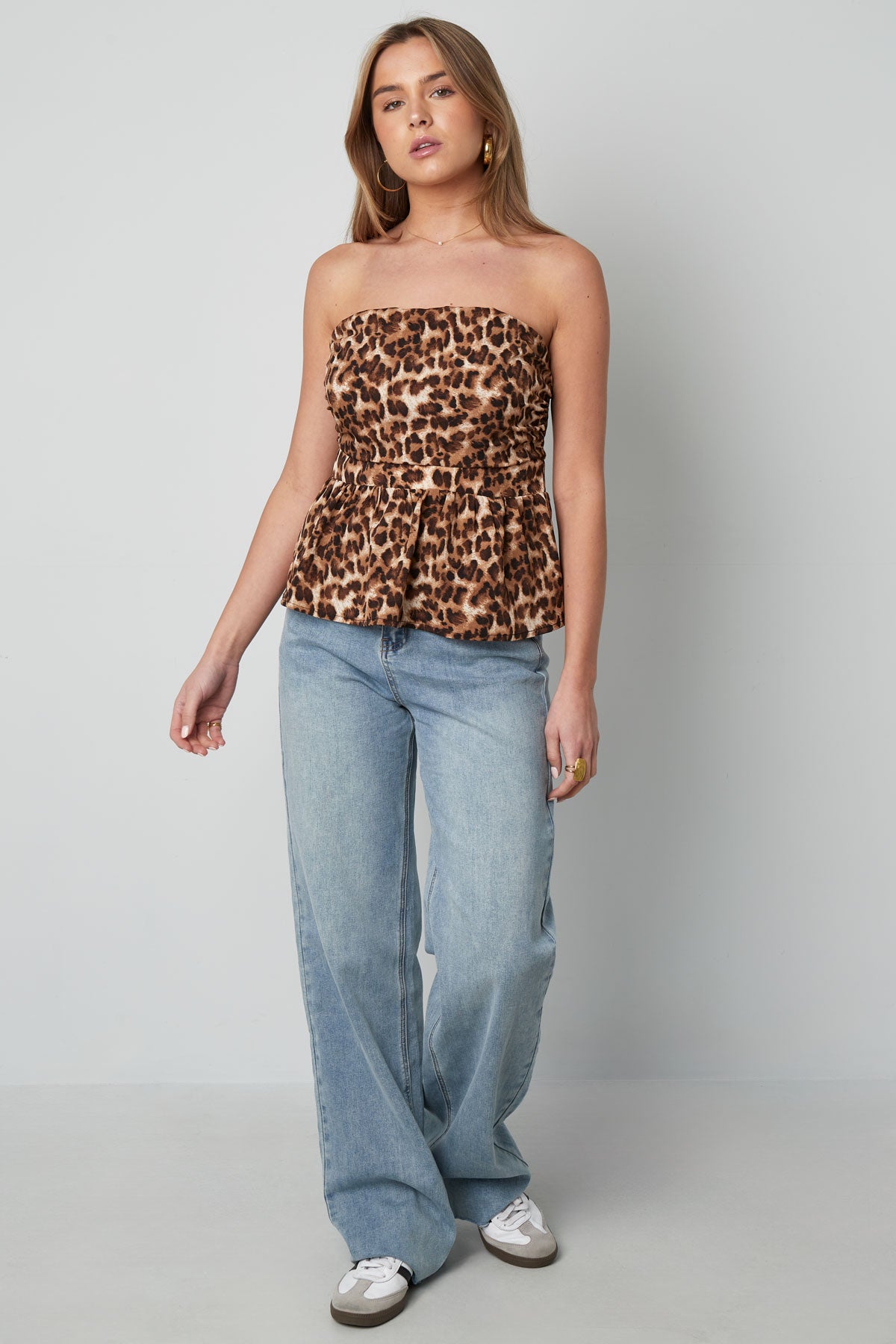 Strapless Top Luipaardprint Peplum Ontwerp