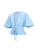 Vrouwen Korte Mouw Top Puff Sleeve Tie Waist
