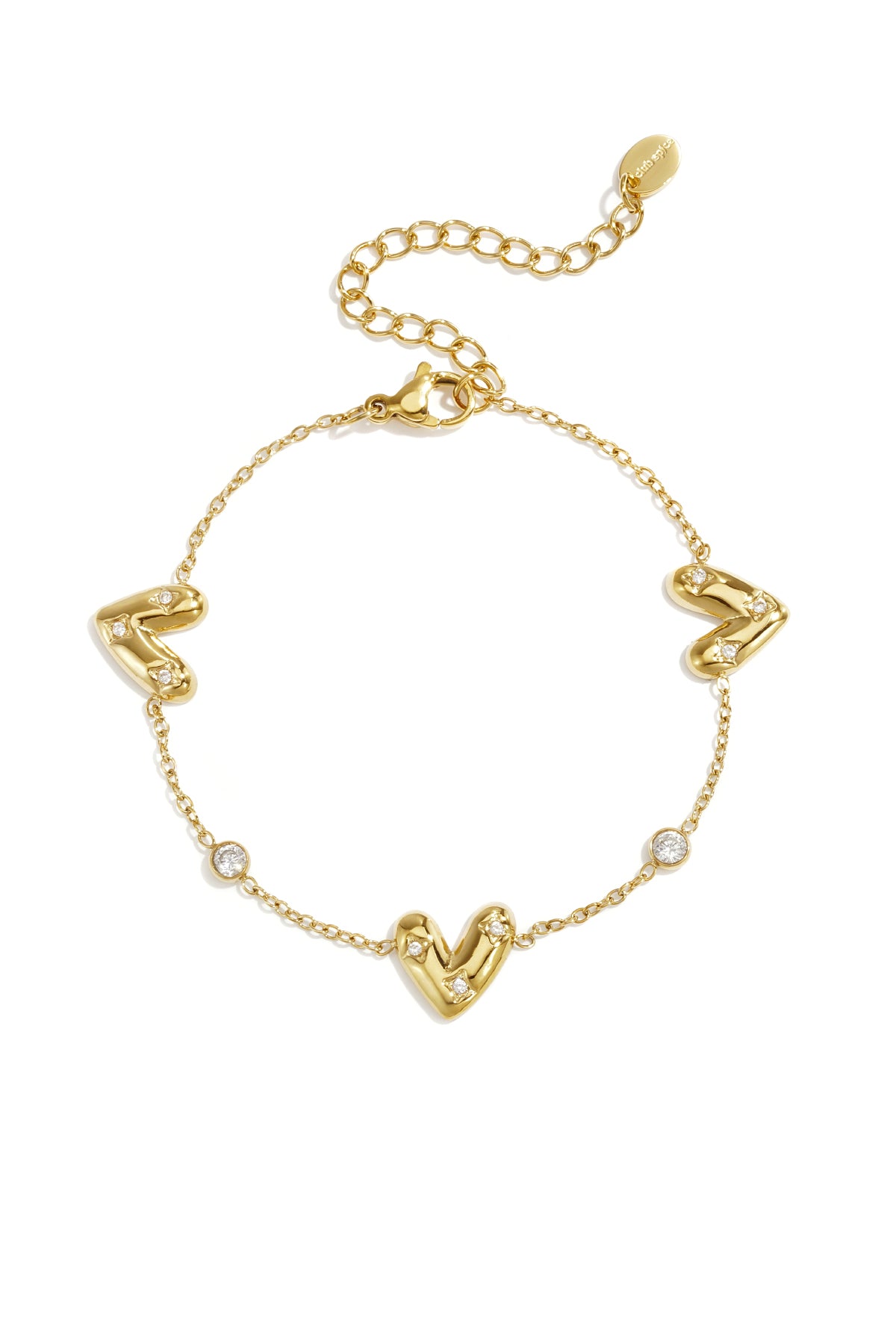 Armband Met Drie Belegde Harten En Ronde Zirkonia Steentjes