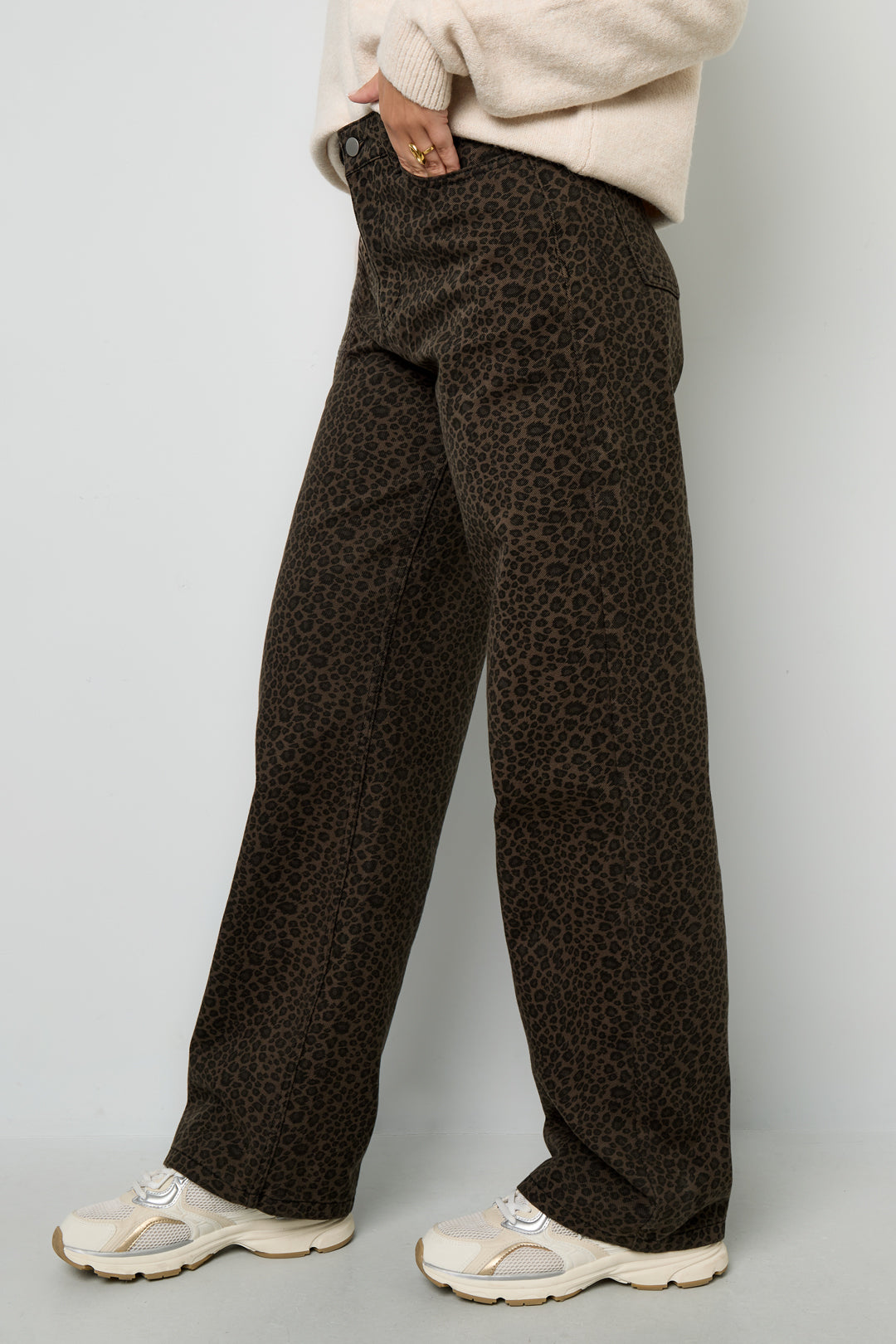 Donkerbruine Leopardenprint Denim Broek