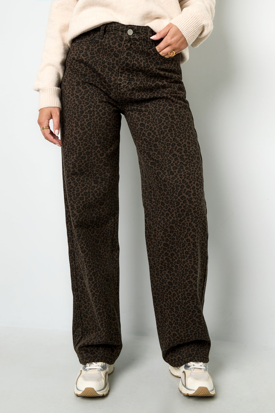 Donkerbruine Leopardenprint Denim Broek