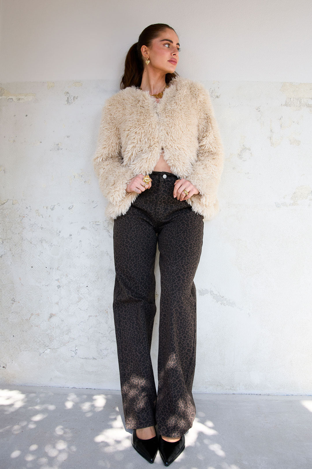 Donkerbruine Leopardenprint Denim Broek